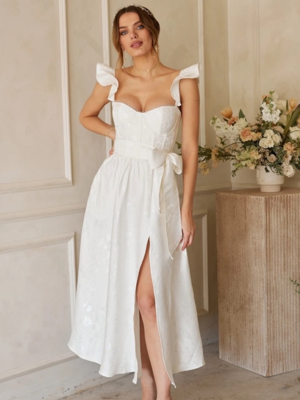 Anthropologie V. Chapman Vera Satin Ruffled-Sleeve Bustier Midi Dress Bridal